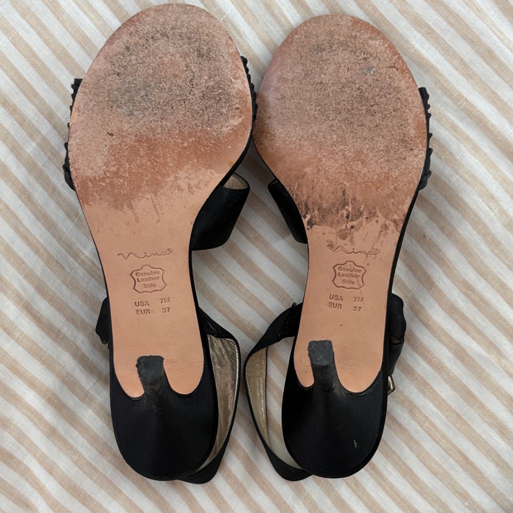 Nina Black Satin Heels with Bow Accent - image 4